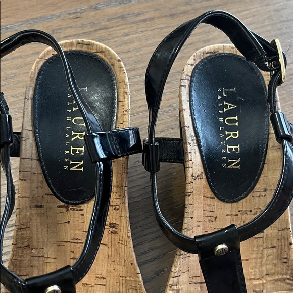 Lauren Ralph Lauren Rosalia T-strap Black Patent  Thong Cork Wedge Sandal - Picture 5 of 8